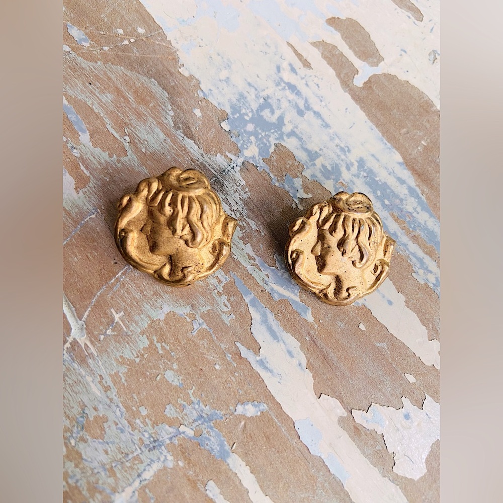 Antique Pair of Brass Stamped Scatter Pins ft. Cameo Style Profile of Woman